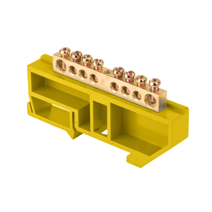На фото: шина "0" n (6x9мм) 8 отв. латунь желтый изолятор на din-рейку ekf ЭКФ (ЕКФ)