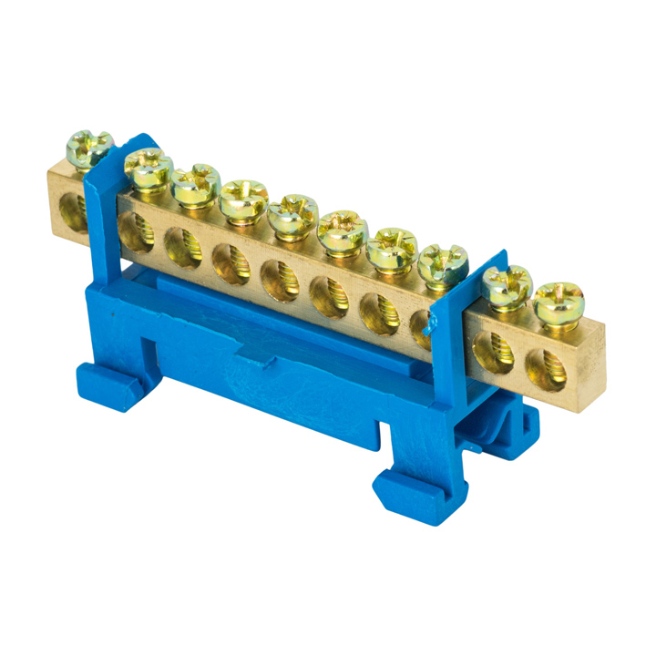 На фото: шина "0" n (6x9мм) 10 отв. латунь синий изолятор тип "стойка" на din-рейку ekf ЭКФ (ЕКФ)