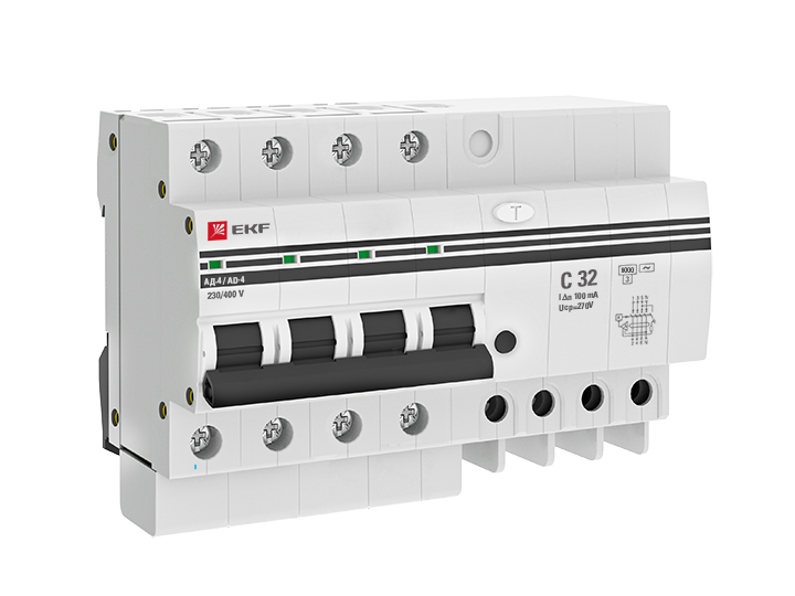 На фото: диф. автомат 4p 32а 100ма тип ас х-ка c эл. 270в 6ка ад-4 ekf ЭКФ (ЕКФ)